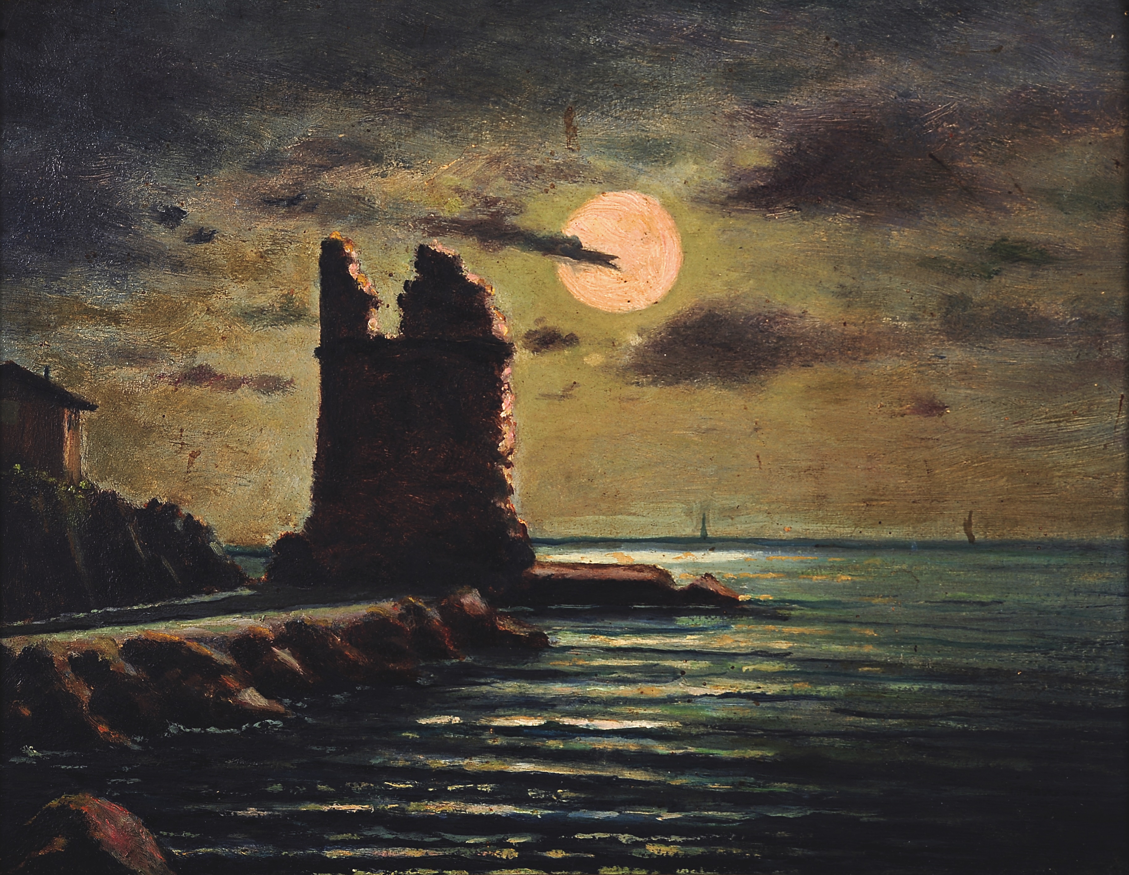 P. Ricca, Notturno con Torre della Rabina, olio su tavola, 1900 ca